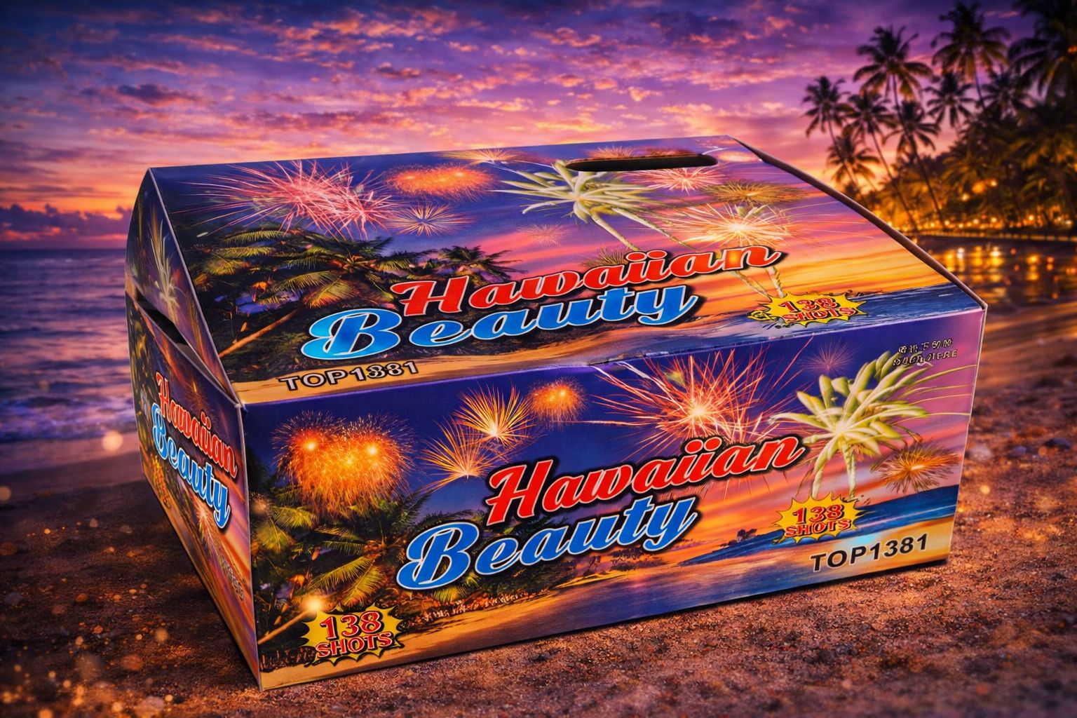 Kembang Api Jakarta Cake Hawaian Beauty 138 Shots Dengan Ukuran 1,0 Inch Sampai Dengan 1,2 Inch